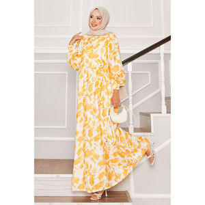 Robe moutarde à motif floral avec col chemise, liens latéraux, taille élastique, décontractée, respirante, pour femme de bureau, XS, pour les fêtes de jour, OEM/ODM - Product Image 1