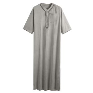 Túnica Musulmana Gris de Manga Corta con Cuello en V para Hombre, Jubba Islámica Ligera de Verano, Kandura, Dishdasha, Túnica Tradicional Árabe - Product Image 2