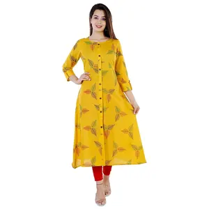 ร้อนขายผู้ผลิตจากอินเดียมัสตาร์ดสีเหลืองเสื้อผ้าที่กำหนดเองเลดี้ผ้าฝ้าย Kurti การออกแบบ