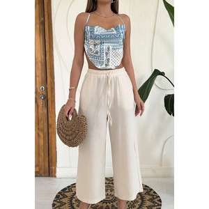 Pantalones anchos de lino beige al por mayor con cintura alta y característica transpirable - Product Image 2