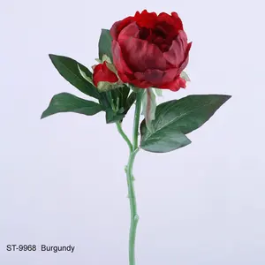 精品设计时尚真人触感单玫瑰配1朵花蕾30厘米面料母亲节人造玫瑰