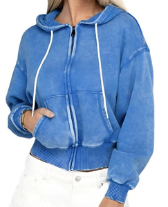 Sweat à capuche personnalisé pour femme, blanc, délavé au soleil, fermeture éclair, style délavé à l'acide, fermeture éclair, cordon de serrage, style délavé, sweat à capuche pour femme - Product Image 2