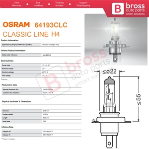 BHL600 1 Piece CLASSIC 64193CLC 12V 60/55W <b>H4</b> P43t Halogen Bulb for Headlight Low-Beam High-Beam Fog Lamp - Product Image 5