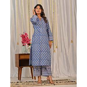 Blue <b>Block</b> <b>Printed</b> Anarkali Kurta Pant Set Indian Ethnic Style Cotton Net Fabric Embroidery Party Wear for Special Occasions - Product Image 3