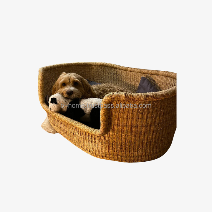 Straw Handicraft Nest Cat Bed With Pad/ Dog, Puppy Bed, Round Supply Weaving  Pet Bed with Removable Cushion for Kitten, Rabbit