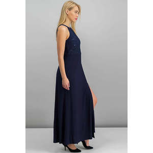 Abito da sera lungo in chiffon blu navy con pizzo e scollo all'americana da donna Nightway, taglia 10, stile ballo, design semplice e naturale - Product Image 3