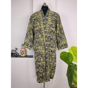 Boho Men's Soft Silk Kimono Elegant Blue Yellow Paisley Print Regal Persian King Robe for Beach or House Swimsuit Cover Ups - Product Image 1