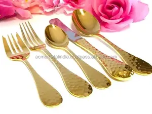 Couverts élégants en acier inoxydable au design martelé doré Ensemble de couverts cuillère à polir miroir Couteau à fourchette pour les repas élégants Argenterie de table - Product Image 4