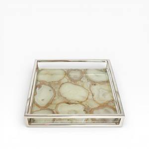 Plateau de service à vin rectangulaire en agate naturelle gris clair avec motif en cristal poli et poignées en métal doré - Product Image 5