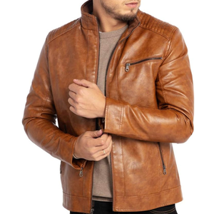 Chaqueta de piel sintética marrón para hombre, ajustada, estilo de motocicleta, ligera, duradera, prendas de vestir exteriores, cuello levantado, cremallera, cuero Zootex - Product Image 1