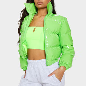 Chaqueta acolchada de invierno con burbujas de manga larga recortada brillante verde neón para mujer - Product Image 5