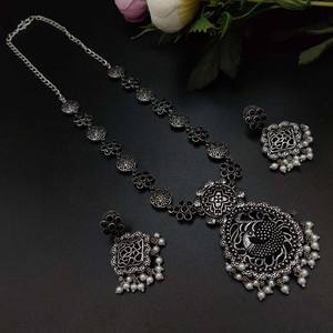 Antique Silver Brass Peacock Necklace Set with <b>Earrings</b> <b>Beautiful</b> Pearl Stone Work for Gift Occasions - Product Image 4