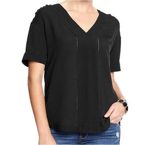 Camiseta Informal de Algodón con Cuello en V Negra para Uso Diario, Manga Corta Enrollada, Camisetas Informales con Cuello en V para Chicas - Product Image 6