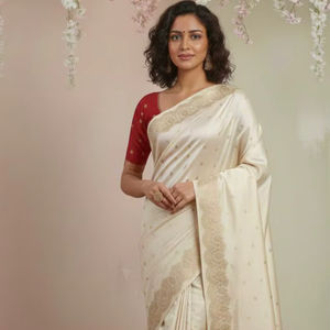 Sari de Crepé Georgette Puro para Mujer, Viscosa Pura, Hermoso Diseño de Dos Zari Daman, Hermosa Blusa de Viscosa Butti, Hecho en India - Product Image 1