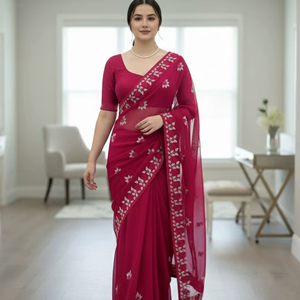 Sari indien en tissu léger pour les fêtes et les occasions spéciales, avec des pièces de chemisier en soie de Bangalore pour femmes - Product Image 1