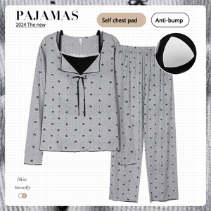 Calidad superior Tendencia Verano Nuevo Venta caliente Manga larga Mujer Sólido Elegante Frente Logo Pijamas - Product Image 2