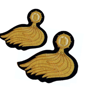 Handmade Badges Customized Handmade Crest Embroidered Bullion Wire Pocket Badge Irregular Shape Gold and <b>Silver</b> Wings Design - Product Image 3