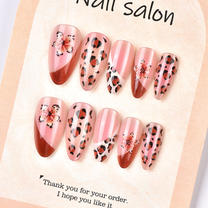 24 pièces de faux ongles amande œil-de-chat <span class=keywords><strong>automne</strong></span>/hiver, manucure française 3D, motifs fleurs et imprimé léopard, vente en gros - Product Image 6