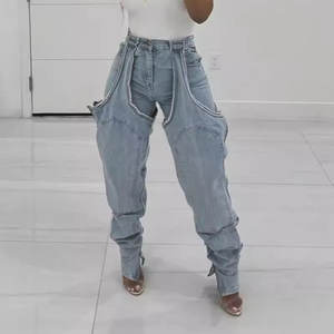 Pantalon en jean délavé taille haute, coupe ample, extensible, à découpes irrégulières et rivets, style tendance - Product Image 4