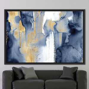 Impresión en lienzo abstracta moderna, obra de arte en azul marino y dorado, decoración elegante para pared, 1P: con marco negro - Product Image 1