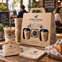 Boîte cadeau personnalisée pour café AT PACK avec poignée |   Ensemble d'emballage à emporter pour 3 tasses avec logo, gobelets à café, emballage pour biscuits et café