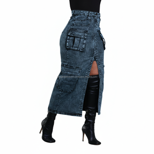 Nouvelle Tendance Jupe Longue Cargo en Jean Taille Haute Femme Streetwear Fente Avant Multi-Poches Maxi Jupe en Jean Vintage Bleu Délavé - Product Image 1