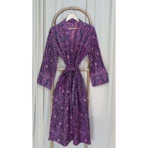 Cozy Warm Winter Purple Floral Cardigan Yak Wool Blend <b>Women's</b> Kimono <b>Robe</b> with Quirky House Coat Pockets Free Size Loungewear - Product Image 3