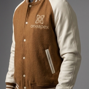 Men's Brown Wool <b>Jacket</b> Cream Sleeves Custom Logo Rib Knit Collar Cuffs Snap Front Premium Streetwear Outerwear Bomber Style - Product Image 4