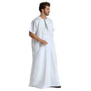 Custom Made Casual Muslim Arabian O Neck <b>Kaftan</b> Thobe New Design Short Sleeve Embroidered Robe Solid Color Tussle Traditional - Product Image 2