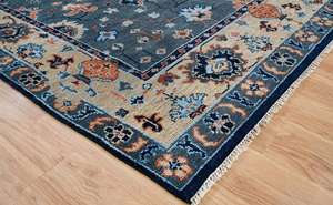 Traditional <b>Hand</b> <b>Tufted</b> High Pile Blue Oushak Turkish Knot <b>Rug</b> Vintage Antique Wool/Silk Non-Slip Home Floor Living Room Bedroom - Product Image 3