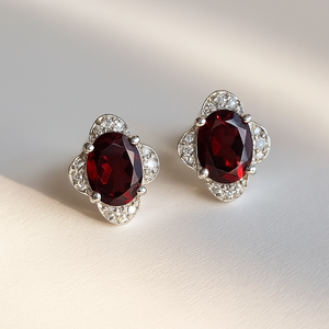Sterling Silver <b>Rhodium</b> Plated Romantic Floral Garnet Stud <b>Earrings</b> with CZ Halo for Wedding Engagement Gift - Product Image 2