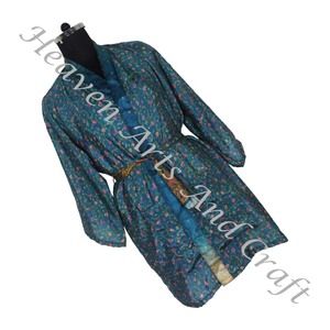 KS011 Bohemian Silk Vintage Sari Kimono Short Boho Gypsy Recycled Sari Silk Vintage Sari Kimono Short Robes Gown Women Sleepwear - Product Image 3