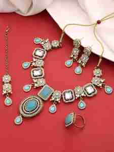 Collares de Piedras Kundan Chapadas en Mehandi al por Mayor, Collares de Piedras Austriacas, Collares de Moda, Conjunto de Joyería para Bodas - Product Image 2