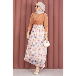 Bohemian Style for Cream Chiffon Tulle <b>Skirt</b> with Floral <b>Elastic</b> Waist Print Decoration - Product Image 3