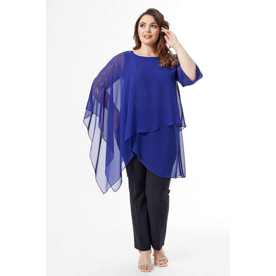 SAX SHOULDER STONE CLOAK SLEEVE LARGE SIZE ELEGANT BLOUSE