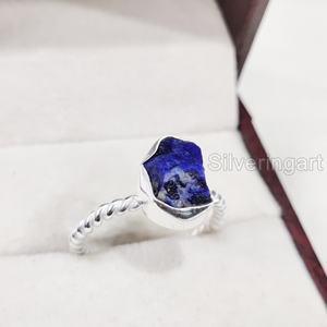 Bague pour femme en pierre brute, Lapis Lazuli naturel, avec fil torsadé, en argent sterling 925, pour mariage et Noël - Product Image 3