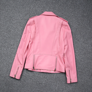Veste de moto classique en cuir de mouton véritable pour femme manteau à glissière rose pour la saison d'automne - Product Image 5