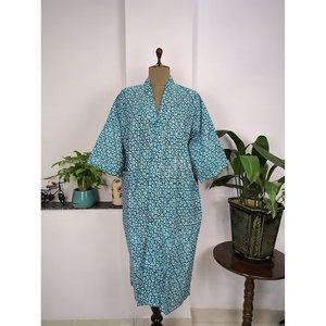 Pure Cotton Boho House Robe Indian Handprinted Summer Dress Blue White <b>Beach</b> Coverup Maternity Mom Bridal <b>Kimono</b> Style <b>Kimono</b> - Product Image 6