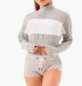 Femmes Casual Bleu Rib Zip Front Long Sleeve Crop Tops Design Sweater Zip Hoodie - Product Image 2