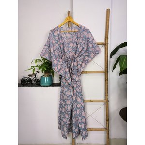 Caftán de Verano de Algodón Puro, Cómodo para Embarazadas, Estampado Floral Indio, Cubre Traje de Baño - Product Image 1