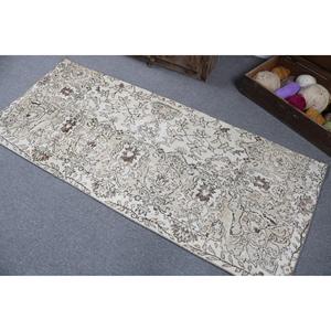 Vintage Turkish Accent Rug 2.7x6.5 ft, White <b>Brown</b> Animal Print <b>Wool</b> Rug - Product Image 4