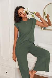 <b>Lounge</b> Sets <b>for</b> <b>Women</b> Two Piece Outfits Knit Cap Sleeve Tops Wide Leg Pleated <b>Pants</b> Casual Dressy Sweater Sets - Product Image 2