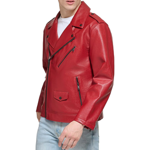 Veste moto en cuir PU rouge pour homme, col rabattu, fermeture éclair, coupe classique, couleur unie, style automne - Product Image 2