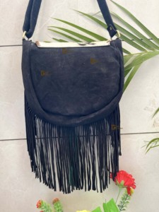 Women's Western-Style Leather Sling Bag Turquoise Carving Cowhide Fur Lightweight Multi-Use <b>Fringe</b> Border Bohemian Handbag - Product Image 4