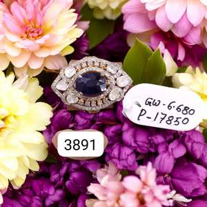 Bague en argent sterling 925 avec saphir bleu et gros grappe de diamants Polki, bijoux de luxe pour mariage, bagues pour femmes - Product Image 2