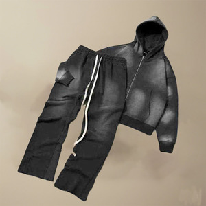 Survêtement de sport en molleton de coton d'hiver personnalisable pour hommes - Coupe régulière, ensemble de survêtements à capuche délavés à l'acide, vente en gros à bas prix - Product Image 2