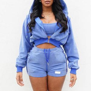 Haut court à capuche zippé pour femmes de couleur bleue personnalisée, tenue courte, vêtements de sport en coton longs pour les tailles plus, ensemble 2 pièces d'hiver - Product Image 1