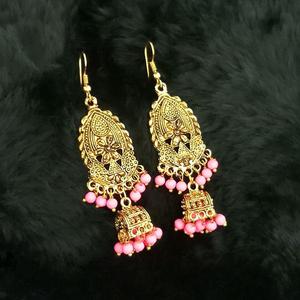 ต่างหู Jhumki ชุบทองโบราณแบบ Beads-1313501B สีชมพู - Product Image 1