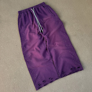 Custom Men's Lightweight Casual Wide Leg Bleach Wash <b>Baggy</b> Flare Sweatpants Woolen <b>Jogger</b> with Rhinestones Sun Faded Canvas - Product Image 2