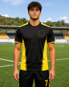 Maillot de football personnalisé noir et jaune bicolore, impression par sublimation du nom et du numéro, uniforme d'équipe, séchage rapide, vente en gros OEM - Product Image 4